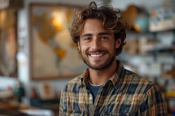Obraz premium A stylish young man in casual plaid shirt standing with a blurred artistic background, conveying a sense of leisure and modernity