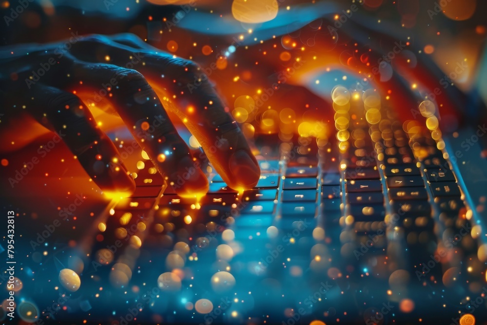 Poster a vibrant image capturing hands typing on a keyboard with glowing lights and bokeh effect