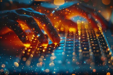 Obraz premium A vibrant image capturing hands typing on a keyboard with glowing lights and bokeh effect