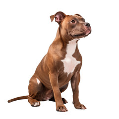 A Pit Bull dog sitting to the side and looks up on a white background