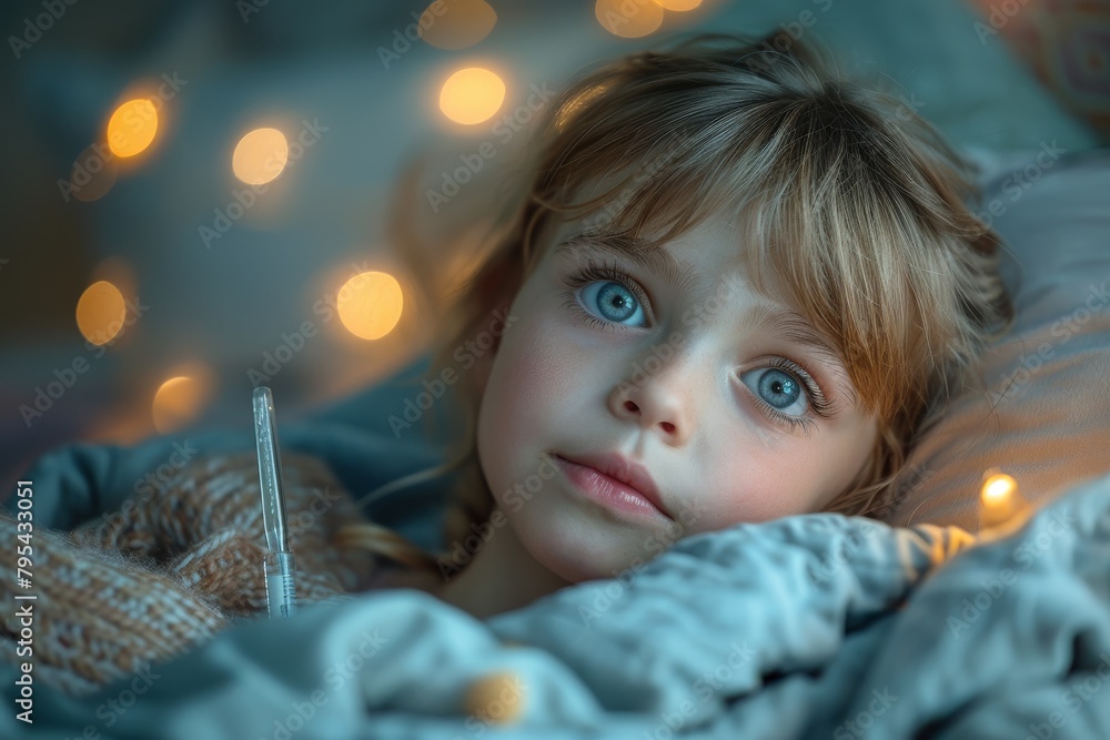Poster an intimate atmosphere with a person resting under fairy lights draped over a soft blanket