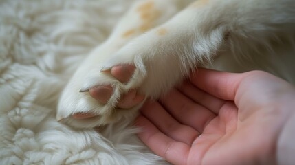 b"A close up of a dog's paw and a human hand holding it"