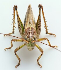 Fototapeta premium b'A macro photo of a green and brown katydid facing the camera'
