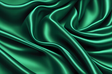 Green silk fabric luxury background. Wavy abstract satin cloth texture pattern. Smooth shiny drape material curtain.