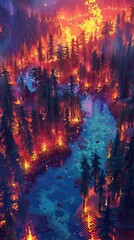 Fire spreads through a forest, the river providing a stark contrast to the flames.