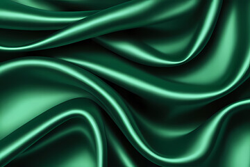 Green silk fabric luxury background. Wavy abstract satin cloth texture pattern. Smooth shiny drape material curtain.