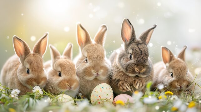 Five cute bunnies sitting in a field of flowers with Easter eggs. - Powered by Adobe