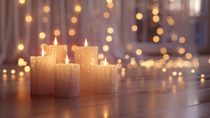 Five lit candles on the wooden floor against blurred background with many fairy lights
