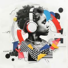 Kid listening music collaged art headphones portrait.