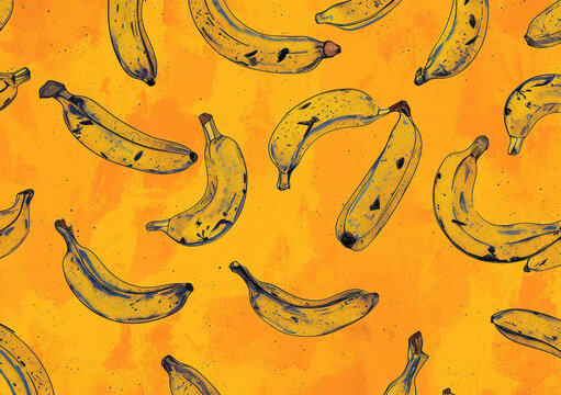 Ripe bananas with black splotches on yellow background, fresh and natural tropical fruit concept
