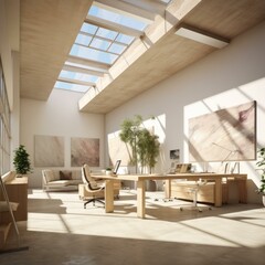 Fototapeta na wymiar b'Modern Office Interior Design With Large Windows And Plants'