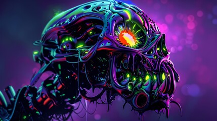 A skull made of metal with glowing green and pink lights and a glowing orange orb in the middle of the forehead.