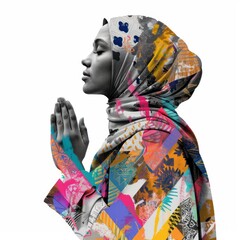 Paper collage of Muslim praying portrait adult art.