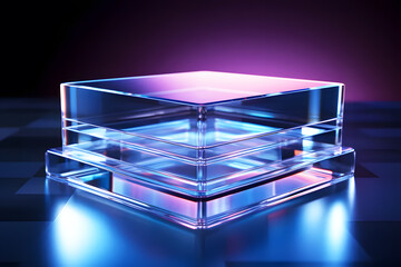 Holographic of digital multi colored podium square shape on red blurred background. Podium stage for text design and products, white stage  and shadow, table background.