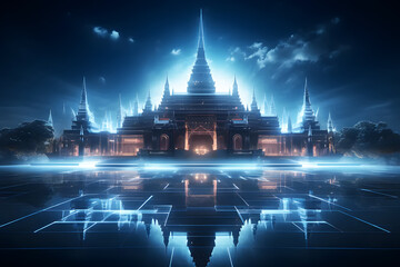 Naklejka premium Holographic of digital temp display blue, white background. White Temple at Thailand at evening with bright sky and clouds. Panorama view. Religion, tradition and culture. Image showing technology.