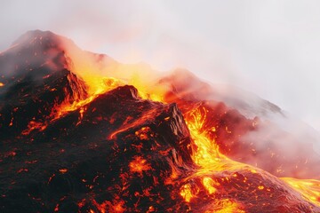 Intense heat radiating from a glowing lava flow against a soft transparent white backdrop, symbolizing volcanic activity - obrazy, fototapety, plakaty