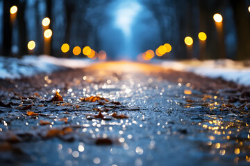 Photo in middle of rain-soaked road against blurry background with dim lights. Rain is falling heavily due to sudden thunderstorms causing rainwater to pool on surface. Background Abstract Textured.	