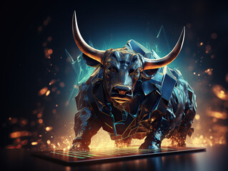 generated illustration of gold bull on chart background for business concept.