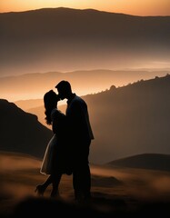 silhouette of couple kissing on sunset
