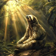 Fototapeta premium A sloth sitting in a tree looking up at the sun with a beam of light shining through the trees.