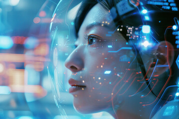 Futuristic portrait of Asian girl with glowing data visualization reflection of the screen. Woman In the network with line of code projected on her face. VR screen, AI Artificial Intelligence concept
