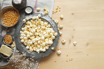 High angle view of Popcorn on table