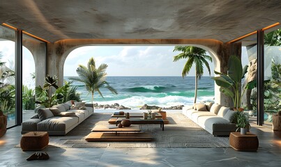 Obraz premium beach view from inside the villa. 3d rendering luxury villa living room near beach and palm tree with beautiful evening scene from window. 