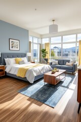 Fototapeta premium b'A modern bedroom with a blue wall and a yellow bedspread'