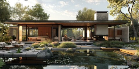 Modern House Exterior With Pool And Garden