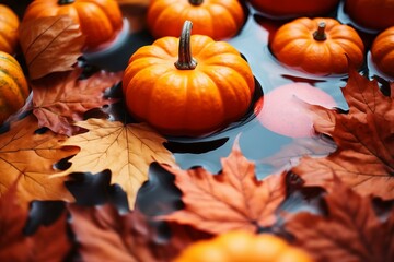 b'Orange pumpkins and autumn leaves floating in water'