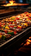 b'Delicious and juicy beef and vegetable skewers grilled on a barbecue'