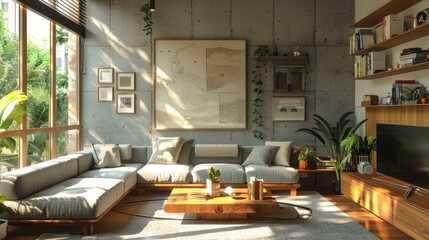 Obraz na płótnie Canvas b'Modern Minimalist Living Room Design With Natural Elements'