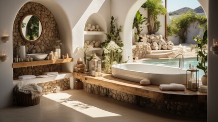 b'Modern bathroom with natural elements and a view of the pool'