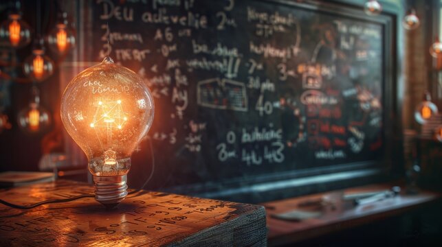 Light bulb on a wooden table in front of a blackboard with scientific equations written on it.
