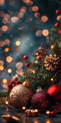 b'Christmas background with fir branches and decorations'