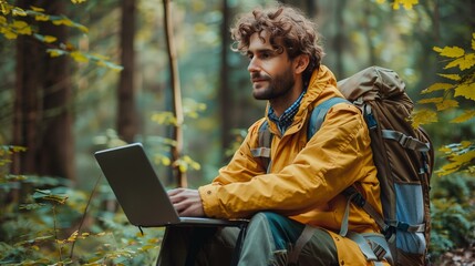 Digital nomad concept, man in laptop, leisure activity recreational pursuit smiling relaxation healthy lifestyle