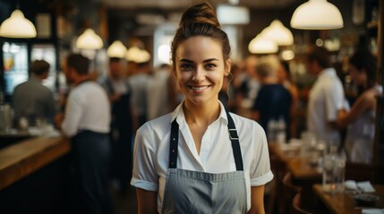 b'Portrait of a smiling waitress in a busy restaurant'