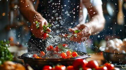 Cooking class mastery, chef sprinkling tomatoes with salt, fruit domestic kitchen organic...