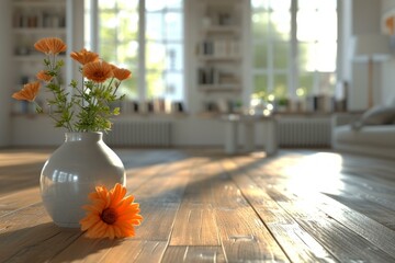 b'Orange flowers in a vase on a wooden table'