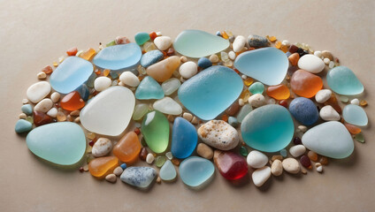 Coastal Treasures, Colorful Gemstones and Textured Sea Glass Scattered Along the Seashore, Creating a Spectacular Display.