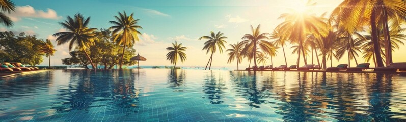 Tropical resort swimming pool with lounge chairs and palm trees. Summer travel background 