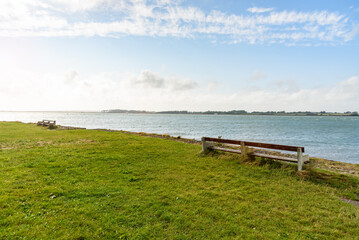 Empty wooden benches facing the sea in a coastal park on a clear summer day