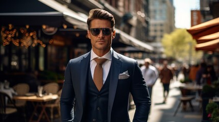 b'A well dressed man in a suit and tie is walking down a busy street'