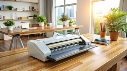 Modern office interior with printer on wooden table.