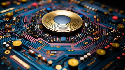 b'A close-up image of a computer circuit board with a gold coin on top of it.' - obrazy, fototapety, plakaty