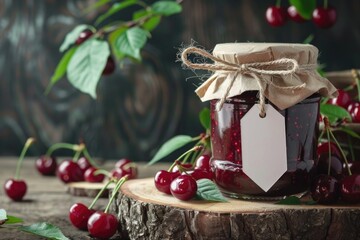 Homemade Cherry Jam in Glass Jar with Fresh Cherries on Wooden Table