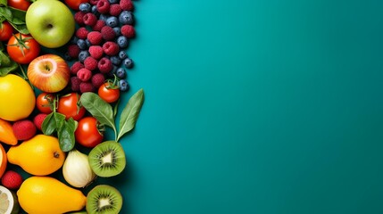 b'Fresh and healthy organic fruits and vegetables on green background'