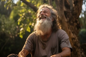 b'An old man with a long white beard is sitting in the forest and laughing'