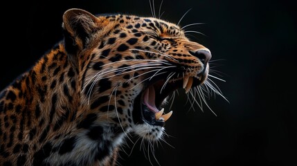 Obraz premium A roaring leopard on a black background creates a powerful and dramatic scene. The contrast between the dark background and the leopard's fierce expression conveys strength.
