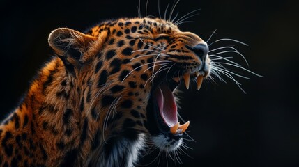 A roaring leopard on a black background creates a powerful and dramatic scene. The contrast between the dark background and the leopard's fierce expression conveys strength.